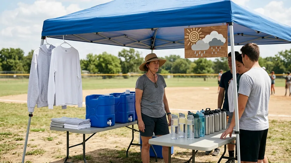 Young athletes taking a supervised water and shade break